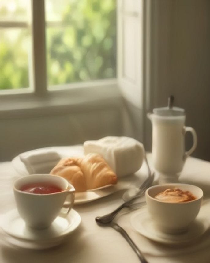 Desayuno servido con panadería y fruta fresca